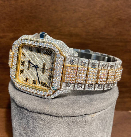 Dual Tone Iced Out Moissanite Wrist Watch For Him