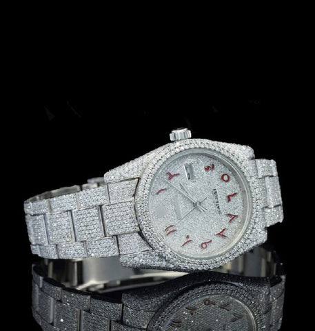 Red Arabic Dial Iced Out Moissanite Diamond Watch For Men's