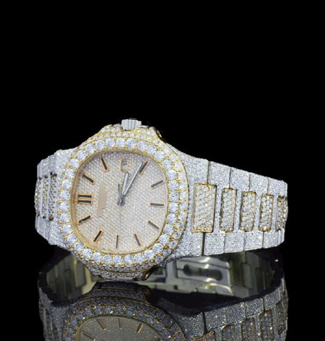 Stylish Iced Out Moissanite Diamond Dual Tone Wrist Watch