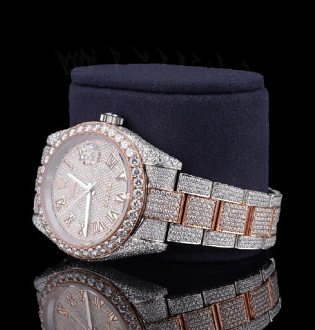 Dual Tone Roman Numeral Iced Out Moissanite Watch