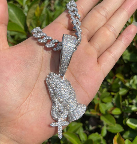 Luxury Moissanite Iced Out Praying Hands With Cross Pendant