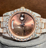 Rose Tone Brown Dial Fully Bling Moissanite Diamond Men's Watch Gift For Him