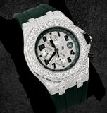 Iced Out Moissanite Green Rubber Strap Wrist Watch