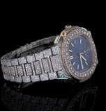 Dual Tone Blue Dial Iced Out Moissanite Diamond Watch