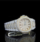 Stylish Iced Out Moissanite Diamond Dual Tone Wrist Watch