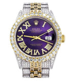 Iced Out Moissanite Dual Tone Purple Dial Wrist Watch