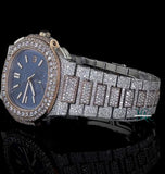 Dual Tone Blue Dial Iced Out Moissanite Diamond Watch