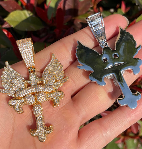 Iced Out Winged Cross Moissanite Pendant