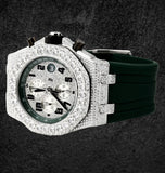 Iced Out Moissanite Green Rubber Strap Wrist Watch