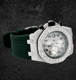 Iced Out Moissanite Green Rubber Strap Wrist Watch