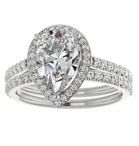 Pear Cut Moissanite Halo Bridal Ring Set