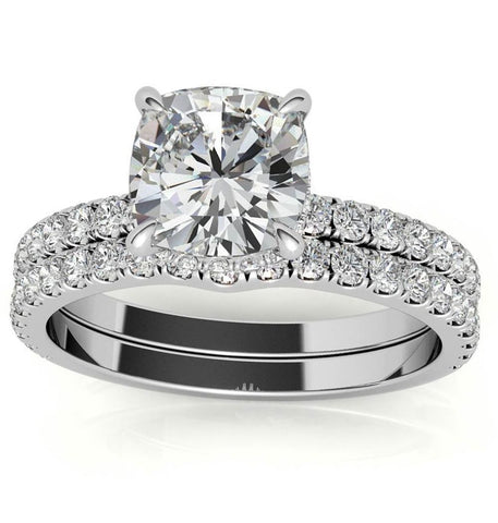 Cushion Cut Hidden Halo Moissanite Bridal Ring Set