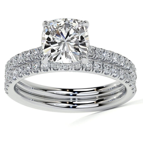 Moissanite Diamond Cushion Cut Hidden Halo Ring Set