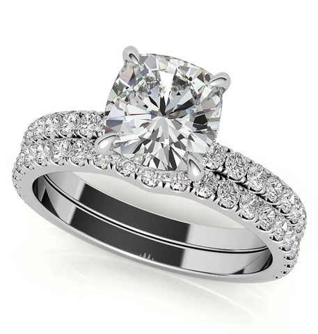 Cushion Cut Hidden Halo Moissanite Bridal Ring Set