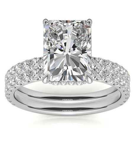 Radiant Cut Hidden Halo Moissanite Diamond Bridal Ring Set