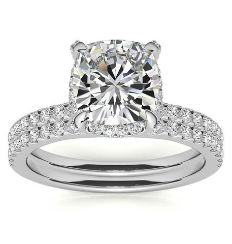 Cushion Cut Moissanite Hidden Halo Bridal Ring Set