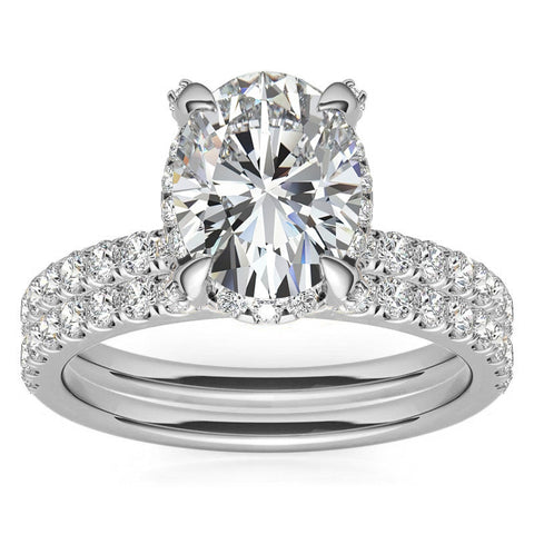 Moissanite Oval Cut Hidden Halo Bridal Ring Set