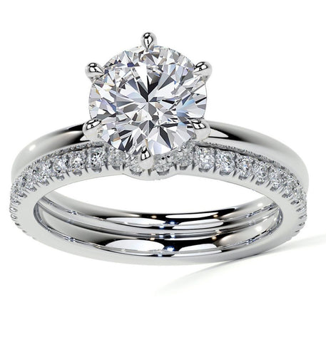 Hidden Halo Round Cut Moissanite Six Prong Bridal Ring Set