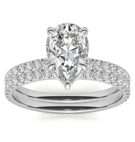 Moissanite Pear Cut Hidden Halo Bridal Ring Set